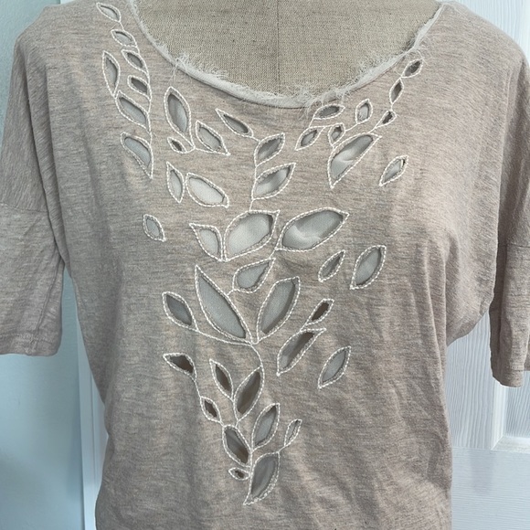 Y2K XOXO top tan cream cutouts fring scoop neck 3/4 sleeve gathered waist size S - Picture 3 of 10